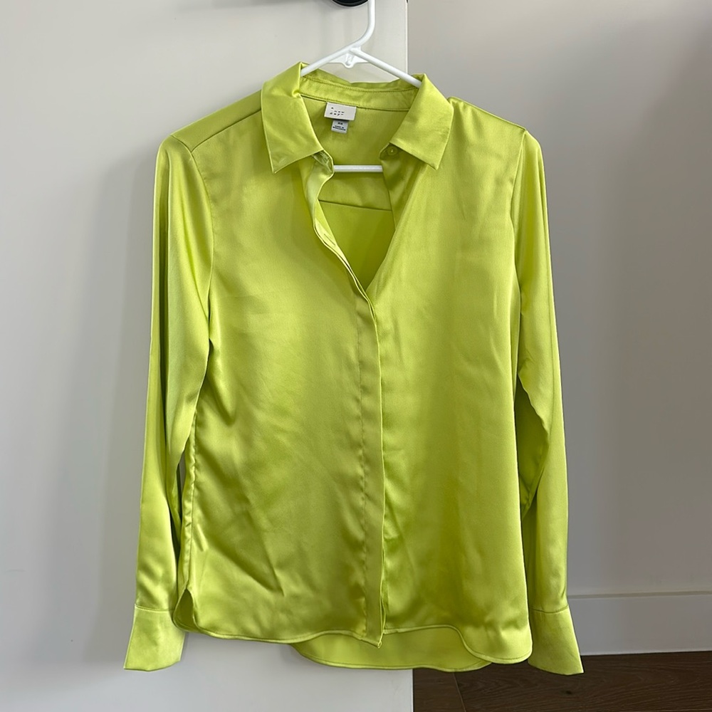 Never worn: Green satin finish flowy button down blouse